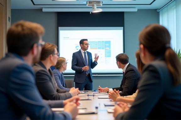 A person presenting to a small group in a meeting room